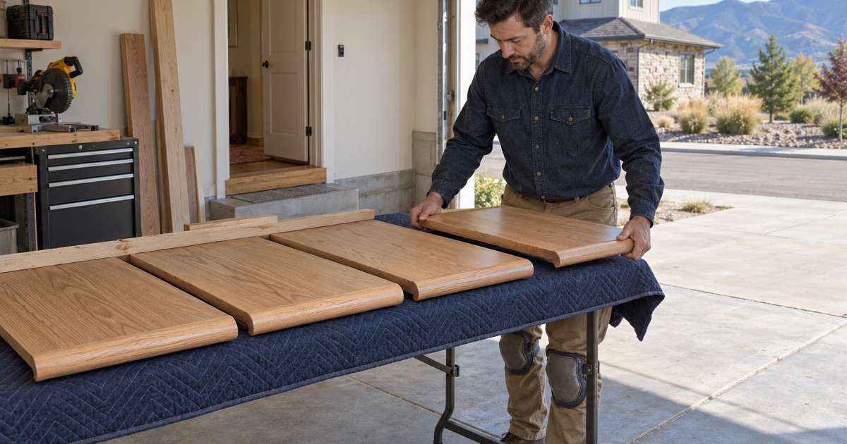Worker setting a new oak stair tread flat on a padded work table in the garage of a Broomfield job site.