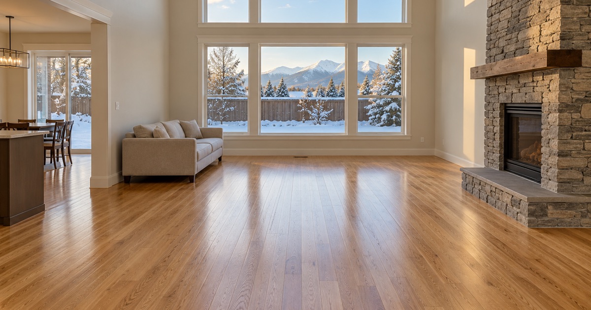 Refinished oak floor running the length of a sunlit great room in a Broomfield house on a snowy winter afternoon.