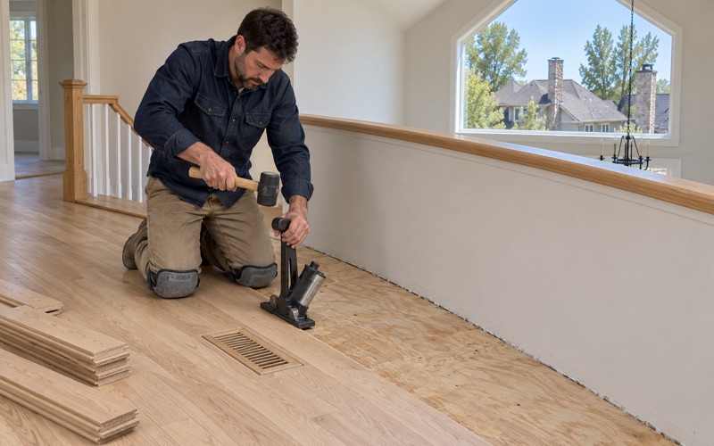 Worker nailing solid oak around a flush floor register in the upstairs loft of a new Broomfield house.