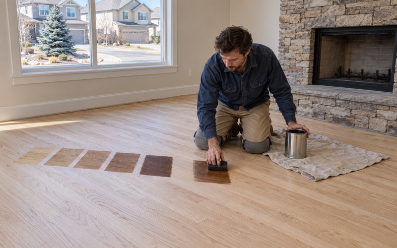 Worker wiping stain samples onto sanded oak so the owner can compare colors in their own light in a Broomfield home.