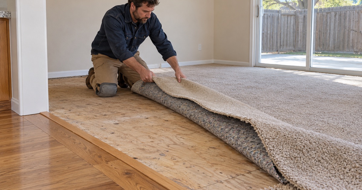 Worker peeling a cut strip of carpet back from a family room where new oak already covers the kitchen floor in a Broomfield house.