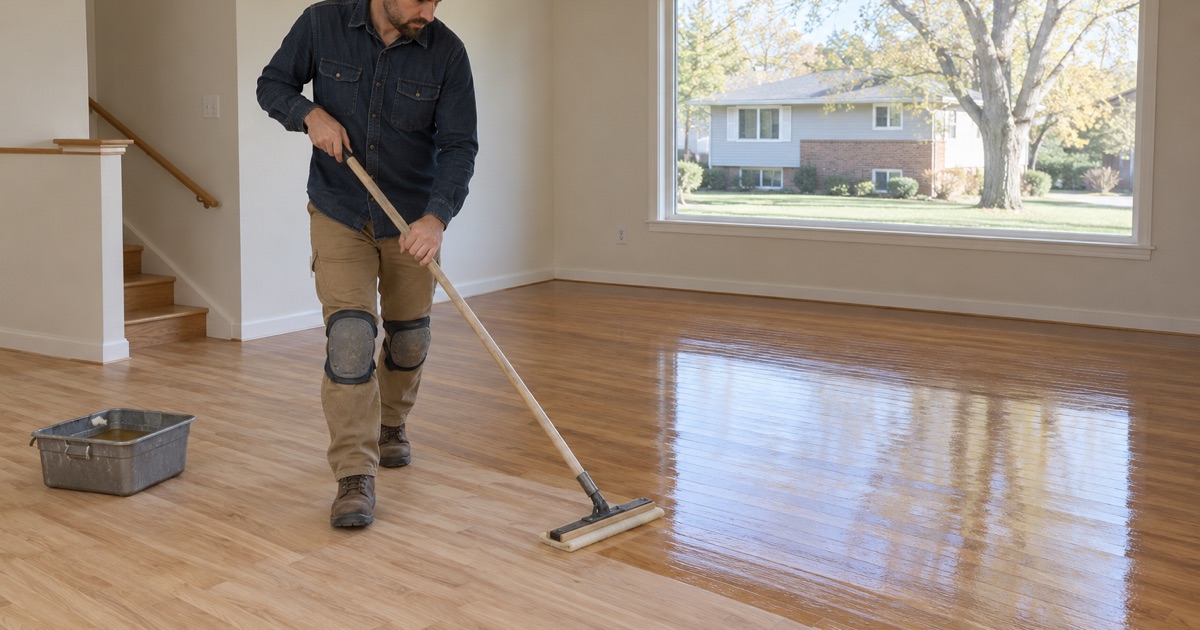 Worker pulling a flat finish applicator across sanded oak strip flooring in a 1970s Arvada house.