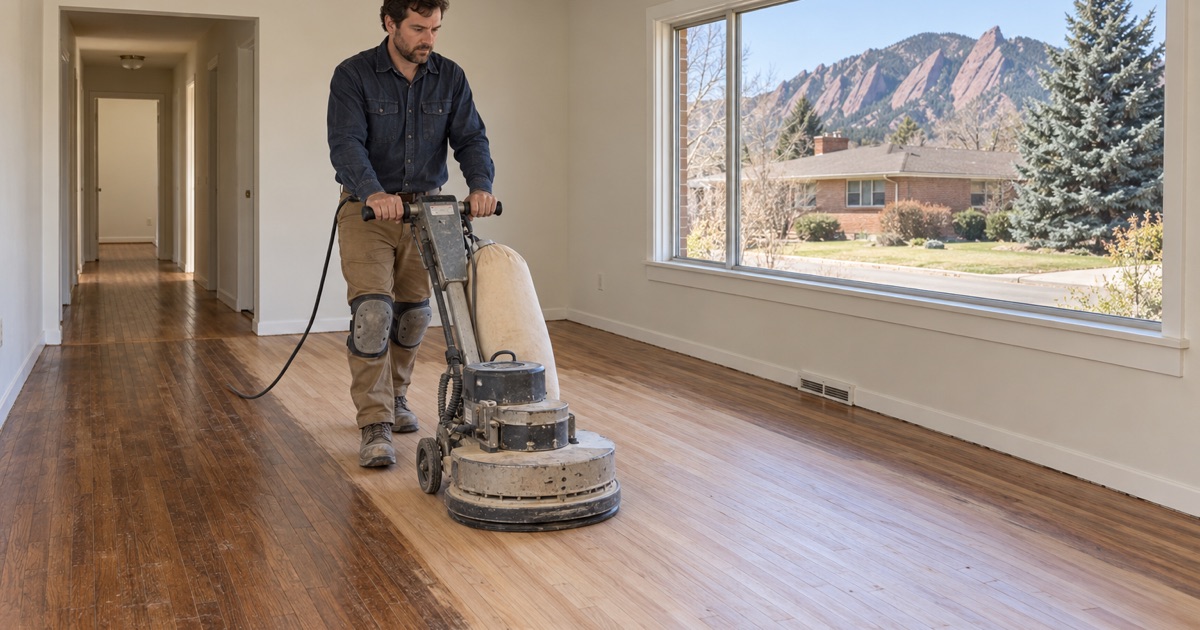 Worker running a planetary floor sander across 1960s oak flooring in a Boulder ranch house below the Flatirons.