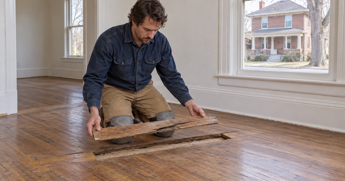 Worker lifting a cracked board out of the wood floor of a rental unit in a brick Denver Square house.