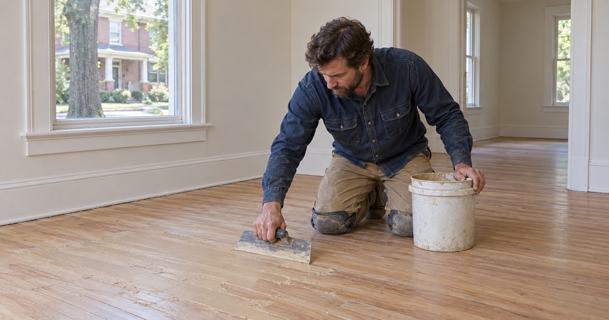 Sanded wood strip floor taking a coat of filler in an older Edgewater home.