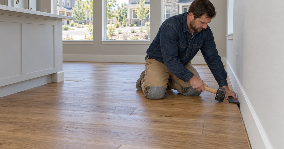 Worker drawing the last row of a new oak floor tight with a pull bar in a 2010s Erie house.