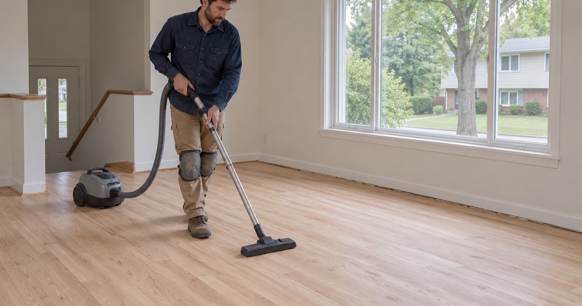 Sanded oak strip floor being vacuumed before a finish coat in a Gunbarrel house.