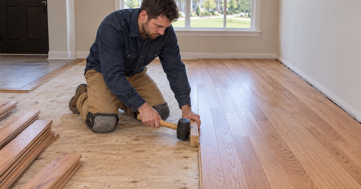 Worker tapping a new oak board tight with a tapping block in the living room of a Lafayette townhome.