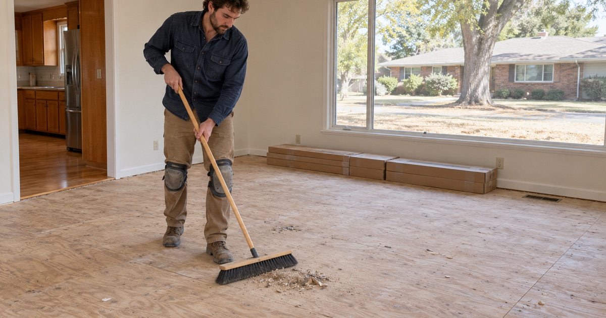Worker sweeping the bare subfloor after a floor tear-out in a 1970s Longmont house, with new oak ready to go down.