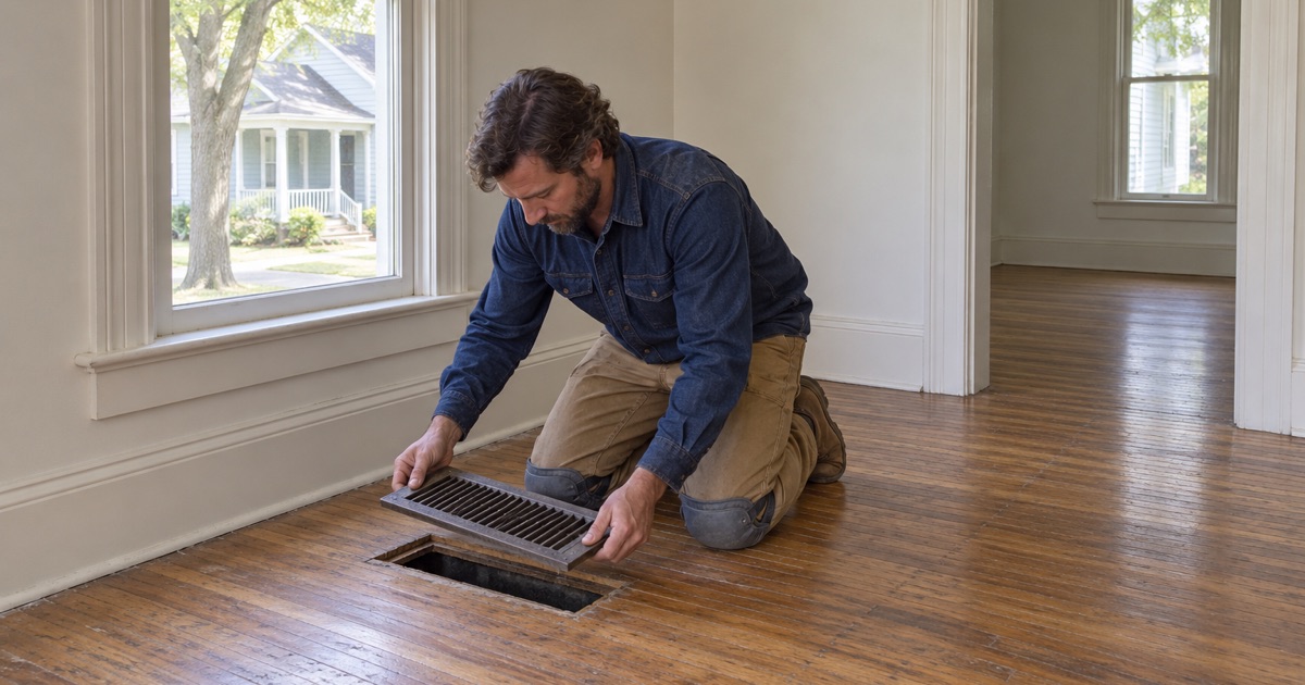 Worker lifting a floor register out of the old wood strip floor of an Old Town Louisville house.