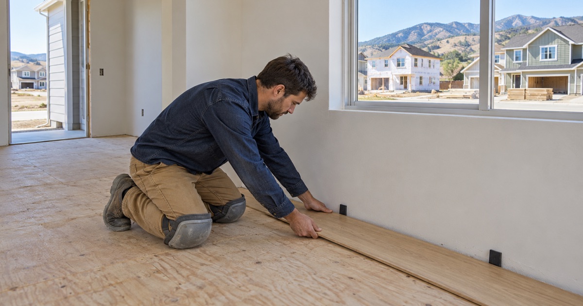 Worker setting the starter row of a new oak floor against spacers in a newly rebuilt house in Superior.