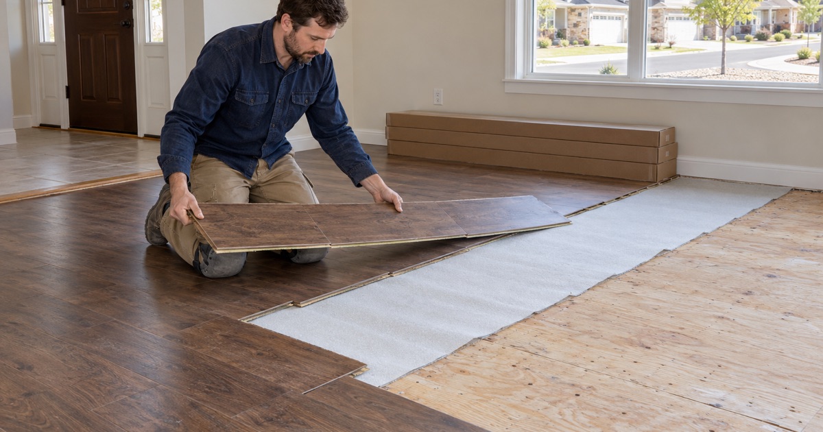 Worker lifting old laminate off the main floor of a 2000s Thornton house before new oak goes in.