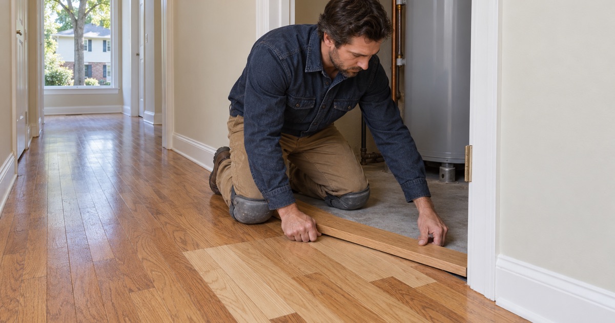 Worker fitting a new oak threshold at a utility closet after a floor repair in a 1980s Westminster house.