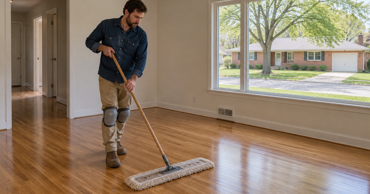 Worker dust-mopping a freshly finished oak floor in a 1950s Wheat Ridge ranch house.